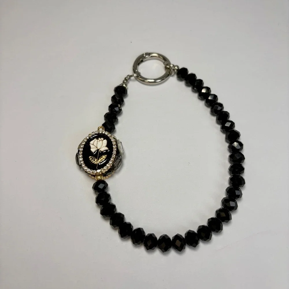 Boutique Black Crystal‎ Rose Bag Charm Chic Goth Coquette Lariat Purse Sparkle